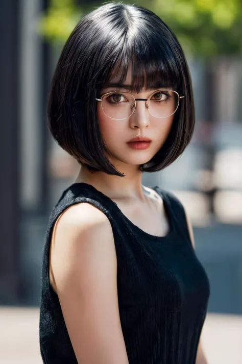 (masterpiece, best quality, beautiful quality, photorealistic, detailed lighting, extremely detailed skin, extremely detailed hair, shadows, 8k, a picture of a woman, black hair, bob cut, glasses, upper body, 1girl, fcPortrait:1.2), <lora:add_detail:1>, <lora:hamabeminami_lora-06:0.7:OUTALL>
