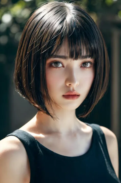 (masterpiece, best quality, beautiful quality, photorealistic, detailed lighting, extremely detailed skin, extremely detailed hair, shadows, 8k, a picture of a woman, black hair, bob cut, upper body, 1girl, fcPortrait:1.2), <lora:add_detail:1>, <lora:hamabeminami_lora-06:0.7:OUTALL>
