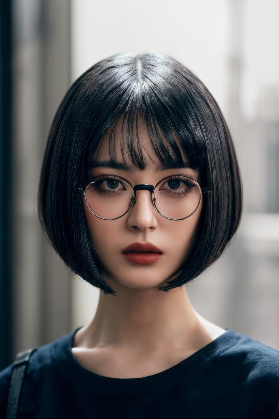 A woman with glasses and a black top looks at the camera - SeaArt AI
