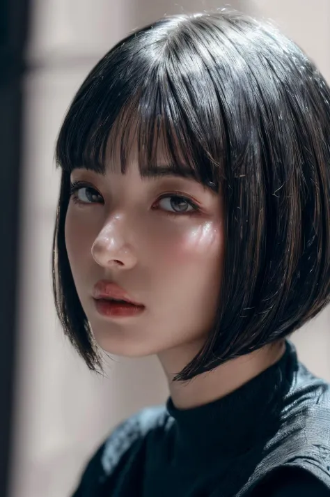 (masterpiece, best quality, beautiful quality, photorealistic, detailed lighting, extremely detailed skin, extremely detailed hair, shadows, 8k, a picture of a woman, black hair, bob cut, upper body, 1girl, fcPortrait:1.2), <lora:add_detail:1>, <lora:hamabeminami_lora-06:0.7:OUTALL>