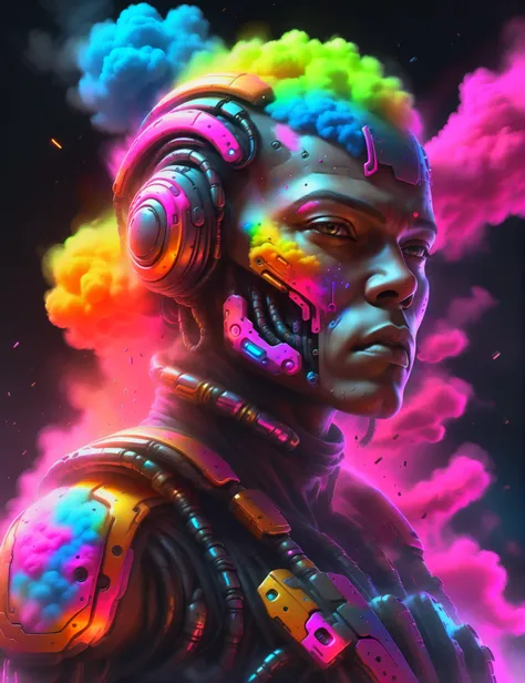 <lora:ChalkDustStyleSDXL:1> portrait, photo, a cyborg thief hiding in a smoke cloud in the style of chalkdust, rainbow circuits, gadgets neon cyberpunk, 8k, concept art, digital art, high quality, highly detailed