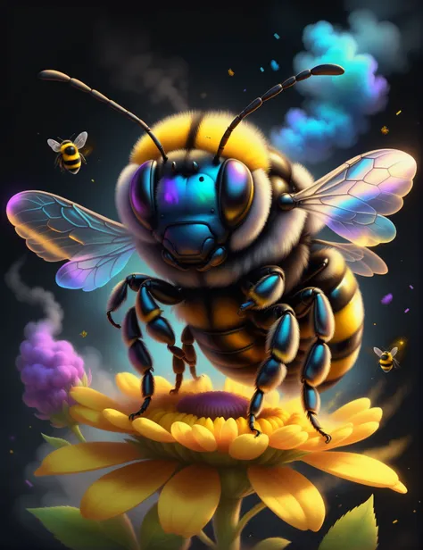 <lora:ChalkDustStyleSDXL:0.7> portrait, adorable, friendly, a bumblebee buzzing in a smoke cloud in the style of chalkdust, symmetrical iridescent wings, 8k, concept art, digital art, high quality, highly detailed