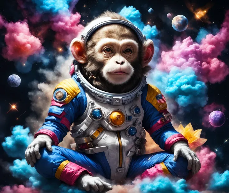 monkey wearing astro suit meditating in space surrounded by a nebula made out of chalkdust, half lotus, 10k high resolution, raw photo, vivid colors, perfect hands, low key lighting