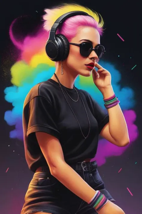 candid shot of a female 1990's raver, (wearing black headphones), detailed, (full body), dancing, focus stacking, (obscure viewing angle), multi color, chalk clouds, popart, <lora:ChalkDustStyleSDXL:0.7>