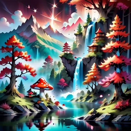 big waterfall in the center of the moutain, <lora:Haute_CoutureXL:0.4> dragon behind mountains, <lora:ChalkDustStyleSDXL:0.8> little mushroom forest on mountains, scenery, ink, mountains, water, large lake with reflections, trees, red trees, birds in sky, magnific landscape, high quality, lot of detail, <lora:minimalist_comic_XL:0.4> magical particule on the lake