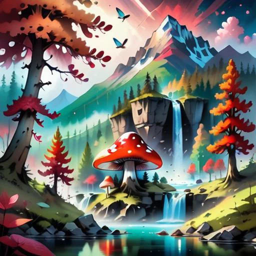 mountains, big waterfall in the center of the moutain, <lora:ChalkDustStyleSDXL:0.8> little mushroom forest on mountains, scenery, ink, mountains, water, large lake with reflections, trees, red trees, birds in sky, magnific landscape, high quality, lot of detail, <lora:minimalist_comic_XL:0.4> magical particule on the lake