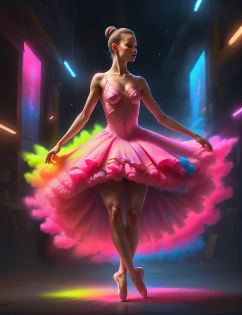 <lora:ChalkDustStyleSDXL:1> portrait, photo, a ballerina dress evaporating in the style of chalkdust, neon cyberpunk, 8k, concept art,digital art, high quality, highly detailed