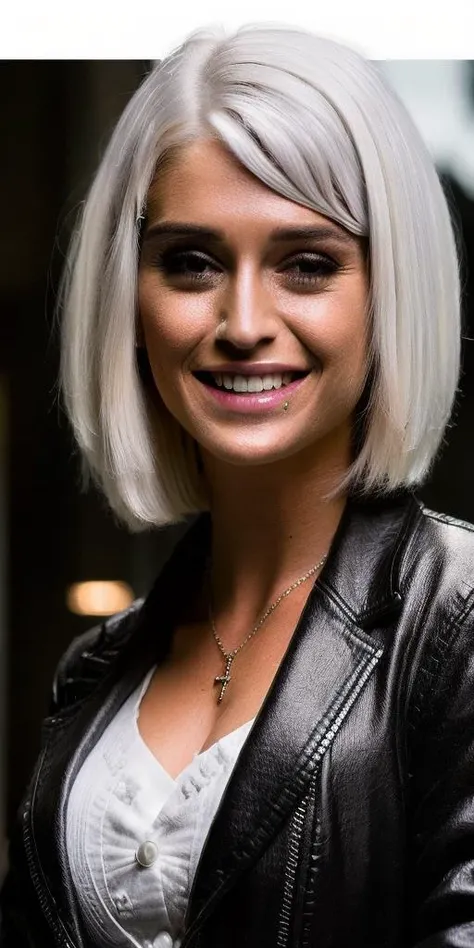 photo of kleio_valentien,
(portrait:1.4), (closeup:1.4),
((best quality)), ((masterpiece)), ((hyper-realistic)), (ultra-detailed), photo, high quality,
sharp focus, (masterpiece:1.5), (photorealistic:1.1), (bokeh),(detailed), (intricate), ((highly detailed eyes)), (sharp focus on eyes),
(skin texture:1.2),
medium breast,
posing,
midriff,
((short hair, bob hairstyle, white hair)):1.4,
wearing (black opened jaket:1.2), white dress,
long black coat, slim body,
(white jeans),
outdoor,((busy street)),
smile, teeth,
<lora:kleio_valentien:1>,