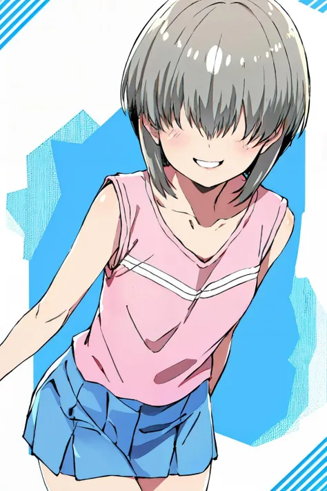 <lora:YanagiUzaki:1>uzaki yanagi, pink sleevelss tops, blue skirt, smile, grey hair,collarbone,bangs,hair over eyes,coverd eyes,
(best quality, masterpiece, RAW photo,ultra-detailed:1.2), <lyco:GoodHands-beta2:1.0>,solo,1girl,