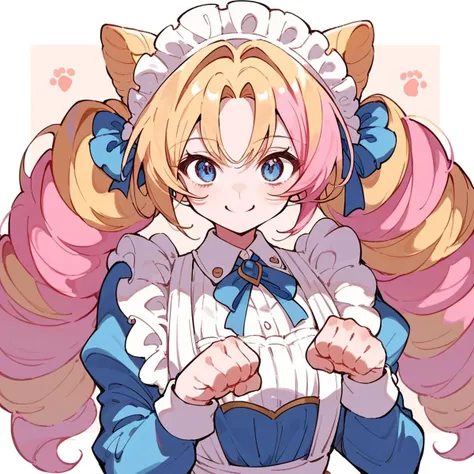 score_9, score_8_up, score_7_up, score_6_up, score_5_up, score_4_up,
1girl, blue eyes, multicolored hair, blonde hair, pink hair, twin drills, maid headdress, smile, paw pose,
<lora:gwen_cafe_cuties_pony_v1:1>