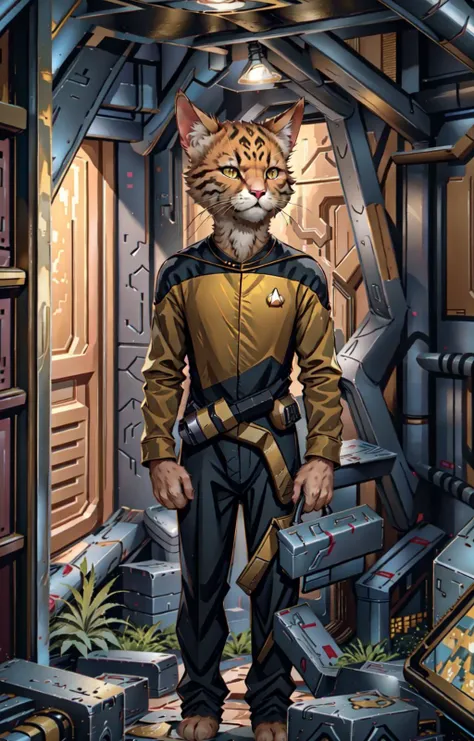 c4ttitude in a yellow and black trekngs1 uniform ,in a mountain cave,best quality<lora:STTNGV018:0.8> <lora:c4ttitudeflexver:1>