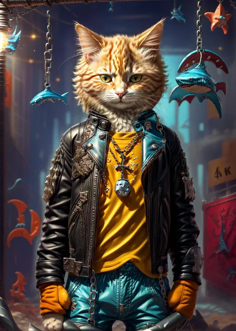 (best quality, masterpiece, 4k, ultra detailed, sharp focus, 8k, high definition, insanely detailed, intricate:1.2), ((blonde cat)), <lora:c4ttitudeflexver:1>, fullbody portrait, blonde, c4ttitude, baggy pants, black biker gear, black leather jacket, chains, giant necklace, gangster, (holding toy shark:1.4)