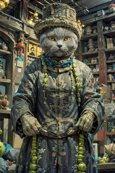 1cat, (Chartreux:1.5), yellow eyes, whisker, (Chinese_qing_zombie), (Zombie_hat:1.3), jewelry, sage, patient,  tweed, paw, ancient scroll, old library, wisdom,    <lora:Chartreux-v2:0.8>