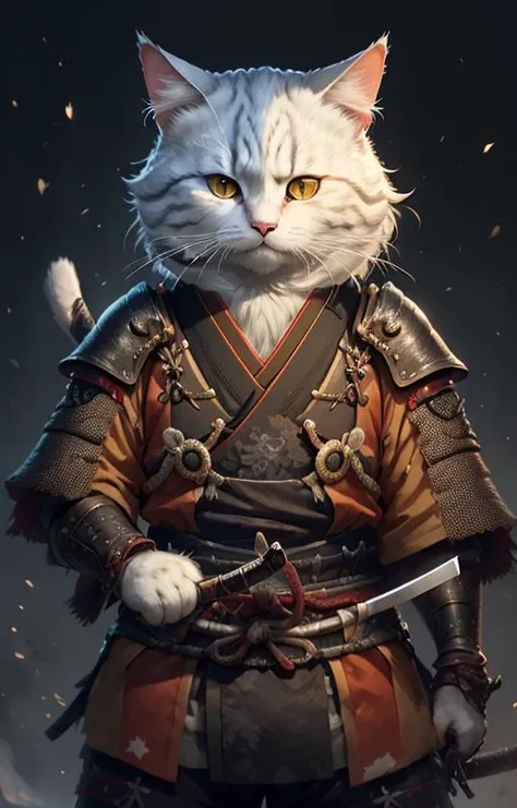 <lora:c4ttitudeflexver:0.8>, white and blak c4ttitude, wearing samurai, Samurai Sword in hand