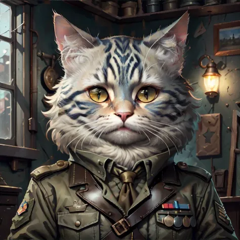 <lora:c4ttitude:0.8> c4ttitude wearing vintage military uniform, masterpiece, 8k, high resolution, shallow depth of field, sharp focus
