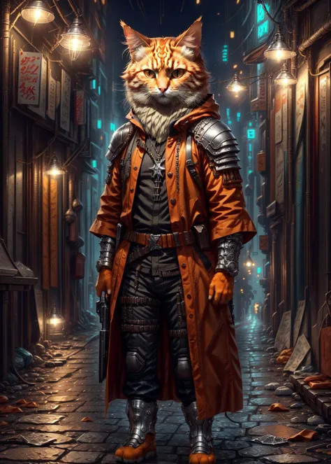 (best quality, masterpiece, 4k, ultra detailed, sharp focus, 8k, high definition, insanely detailed, intricate:1.2), <lora:c4ttitudeflexver:1>, 1man, fullbody portrait, orange, c4ttitude, black trenchcoat, utility belt, black shirt, cyberpunk alley