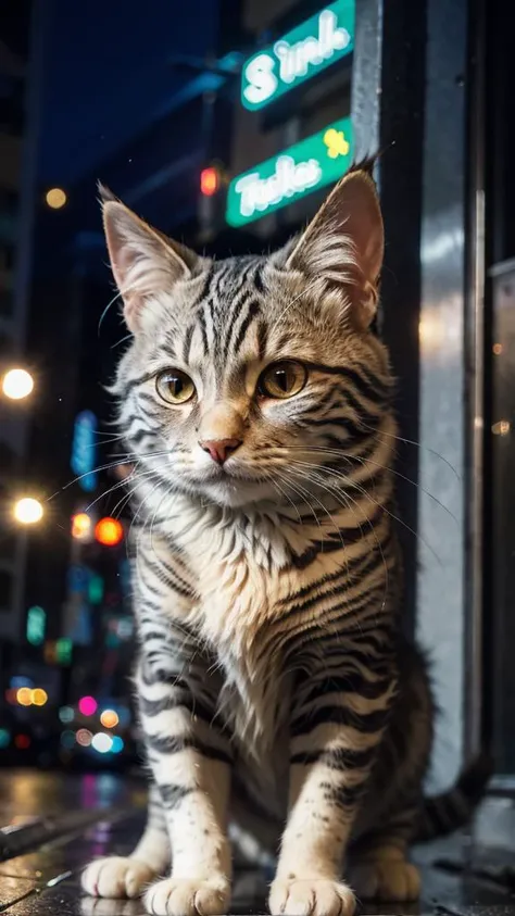 (close-up:1.1), c4ttitude, grey tabby cat, <lora:c4ttitudeflexver:0.5> BREAK fire escape in background BREAK <lora:epiNoiseoffset_v2-pynoise:0.7>, pastel lights, dark theme, <lora:LowRA:0.4>,, <lora:lora_NeonNight:0.2>