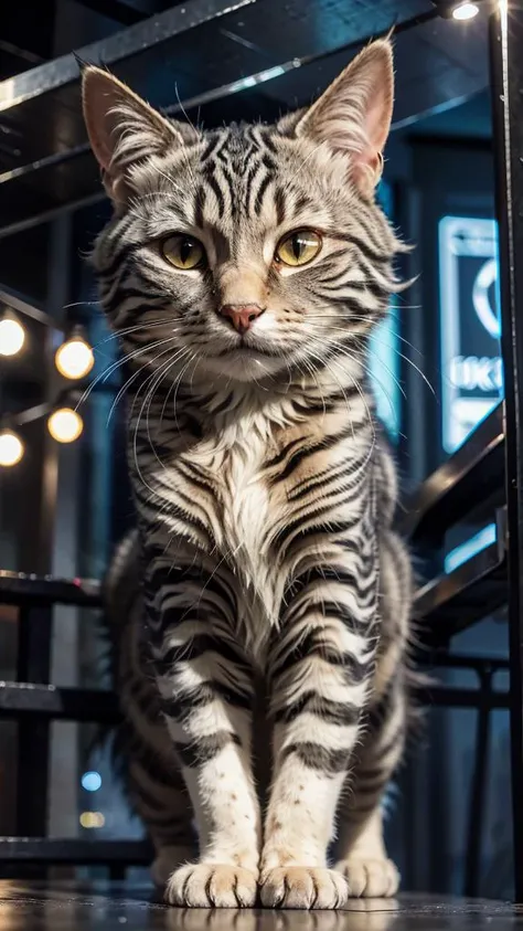 (close-up:1.1), c4ttitude, grey tabby cat, <lora:c4ttitudeflexver:0.5> BREAK warehouse district in background BREAK <lora:epiNoiseoffset_v2-pynoise:0.7>, pastel lights, dark theme, <lora:LowRA:0.4>,, <lora:lora_NeonNight:0.2>