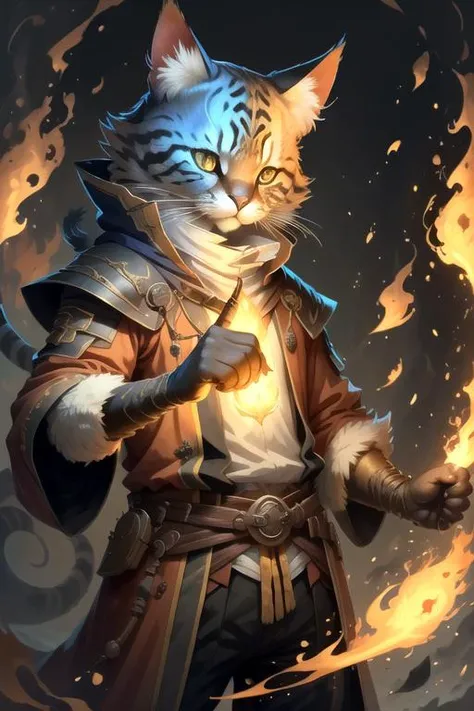 c4ttitude <lora:c4ttitudeflatver:0.8>, fire wizard, bengal cat, solo, v0id3nergy <lora:kVoidEnergy-000001:0.4>