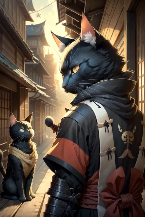 c4ttitude <lora:c4ttitudeflatver:0.8>, samurai, black cat