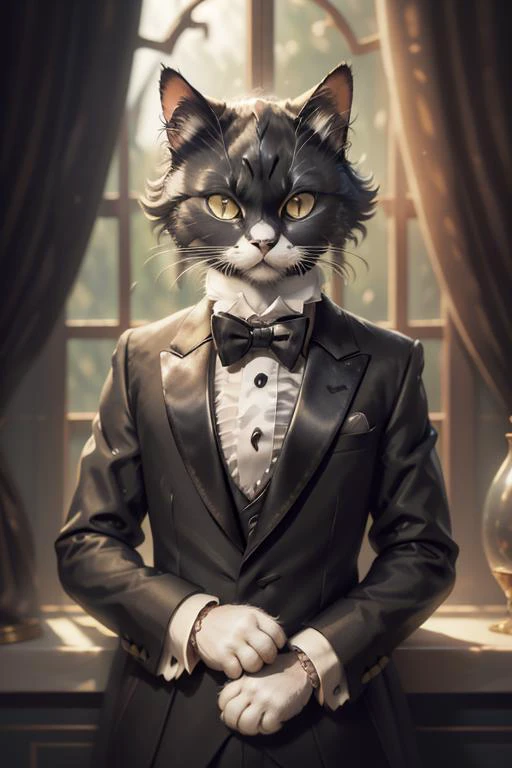 <lora:c4ttitudeflexver:0.8>, Piaget, noble, close-up photography of (Beautiful tuxedo cat:1.2), (c4ttitude:1.3), on the glass window sill, hyper realistic, intricate detail, (foggy:1.1)