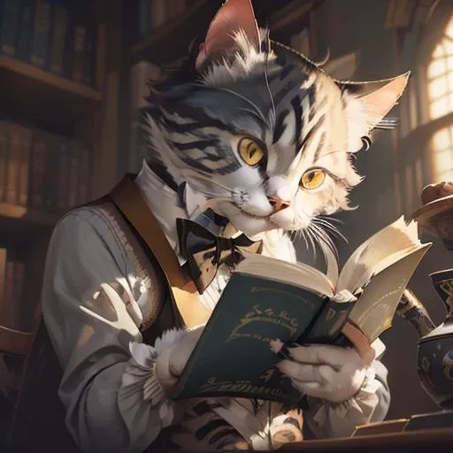 <lora:c4ttitudeflexver:0.8>, close-up photography of (female tuxedo cat is reading a book:1.2), (c4ttitude:1.3), in the study, hyper realistic, intricate detail, (foggy:1.1), pov from below
