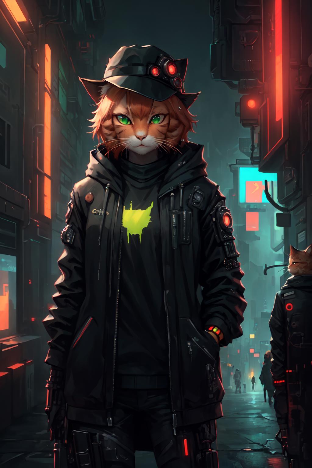 A cat in a hat and jacket standing in a city - SeaArt AI
