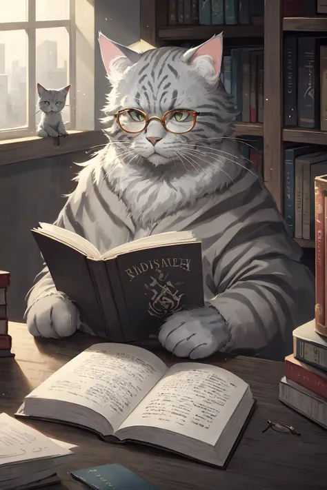 masterpiece, high quality, best quality, beautiful, hd, perfect lighting, ((gray cat)), gray, (elderly), gray beard, (round glasses), reading a book, library <lora:c4ttitudeflexver:0.6>, c4ttitude