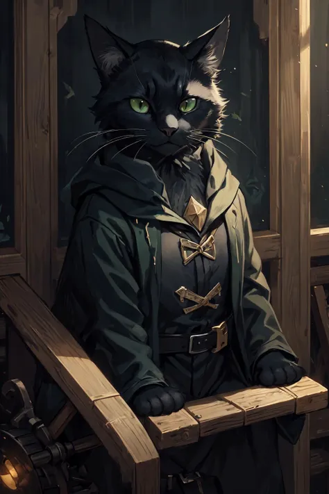 masterpiece, high quality, best quality, beautiful, hd, perfect lighting, ((black cat)), green eyes, (black quilted doublet), quiver with arrows, on the background of the village, <lora:c4ttitudeflexver:0.6>, c4ttitude