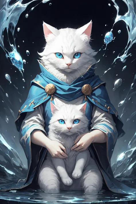 masterpiece, high quality, best quality, beautiful, hd, perfect lighting, ((white cat)), blue eyes, (water magician),  blue mage clothes,  <lora:c4ttitudeflexver:0.6>, c4ttitude