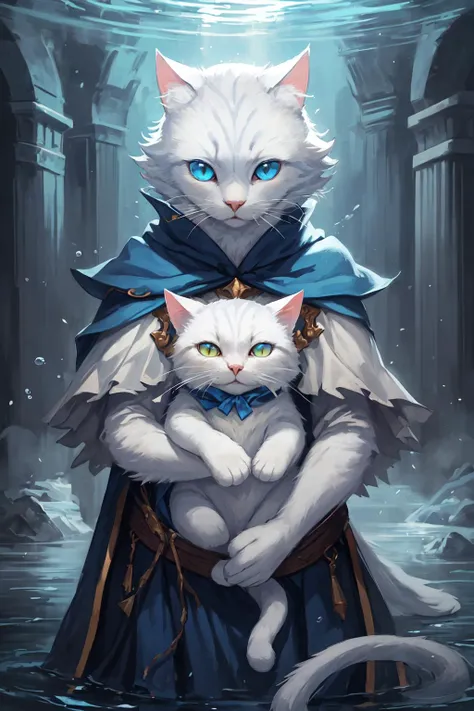 masterpiece, high quality, best quality, beautiful, hd, perfect lighting, ((white cat)), blue eyes, (water magician), blue mage clothes, <lora:c4ttitudeflexver:0.6>, c4ttitude