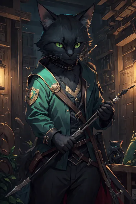 masterpiece, high quality, best quality, beautiful, hd, perfect lighting, ((black cat)), green eyes, (black quilted doublet), quiver with arrows, on the background of the village, <lora:c4ttitudeflexver:0.6>, c4ttitude