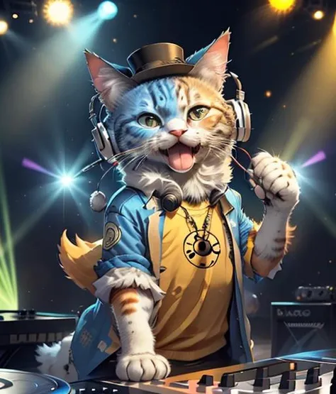 <lora:c4ttitudeflexver:0.8>, c4ttitude, blue, wearing a duck-top hat, standing on a DJ stage with a stage, wearing a performance costume. Wearing headphones, right paw spinning record, left paw on headphones. Passion CD, background full of passionate lights, stage lights, laser lights, dazzling lights, music