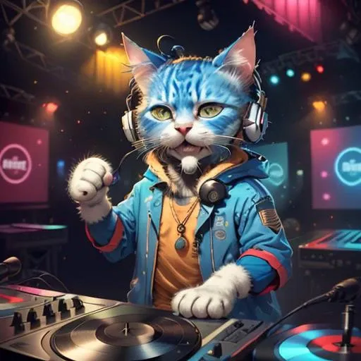 <lora:c4ttitudeflexver:0.8>, c4ttitude, blue, standing on a DJ stage with a stage and wearing a performance costume. The cat-like man has a rose in his mouth and is wearing headphones, with his right paw spinning the record and his left paw resting on the headphones. The background is filled with vibrant lights.