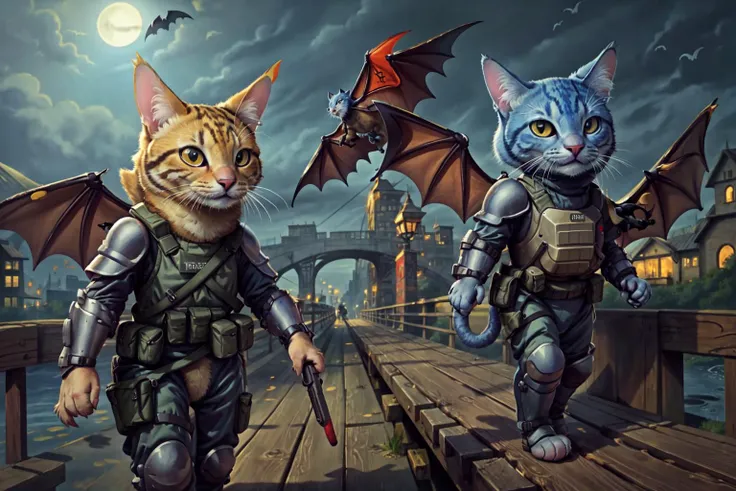 <lora:c4ttitudeflexver:0.8>, best quality, walking over a bridge, wearing tactical gear and body armor, bats in the sky, c4ttitude, highly detailed, masterpiece