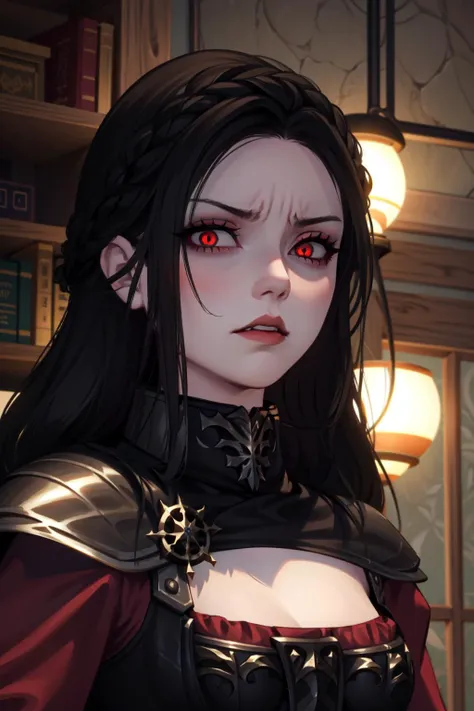 masterpiece, best quality, <lora:SeranaaaaV3.5:0.6>, 1girl, serana, chibi, red eyes, black hair, long hair, armor, cape, red sleeves, cleavage cutout, disgusted face, looking at viewer, portrait, glaring, parted lips, from below, indoors, caslte, <lora:disgusted:0.8>