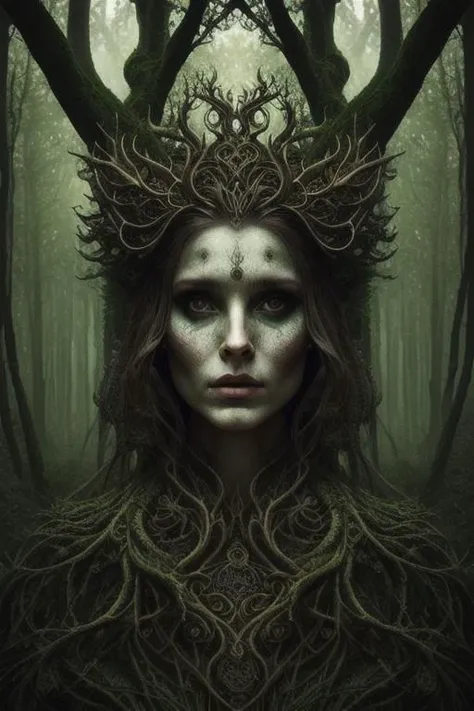woman in a mythical forest, masterpiece, perfect face, intricate details, horror theme