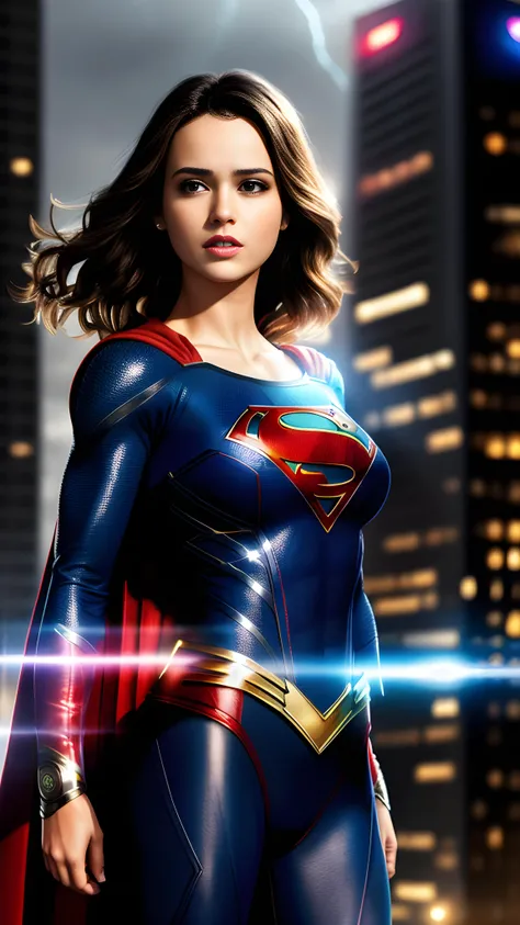 best quality, masterpiece, (photorealistic:2), ultra high resolution, highly detailed, ultra realistic, 1girl, supergirl suit, superman logo, black hair, short hair, slim body, large breasts, full shot, standing pose, from below, looking at viewer, night, city, rain, cyberpunk vibes, dark scene, dark atmosphere, light neon, mist, cloudy, lightning, detailed background