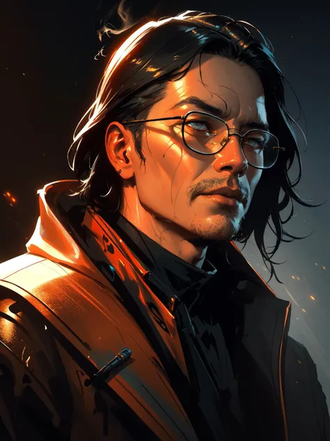 designed by greg manchess,smoke, Close Portrait of a man, bright eyes, matte lips, cigarette, futuristic, gold glasses, trending on art station, photoreal, 8 k, octane render by greg rutkowski, art by Carne Griffiths and Wadim Kashin ,in the style of Dau-al-Set, Pollock, and inspired by MAPPA and Zdzislaw Beksinski