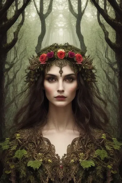 woman in a mythical forest, masterpiece, perfect face, intricate details, horror theme