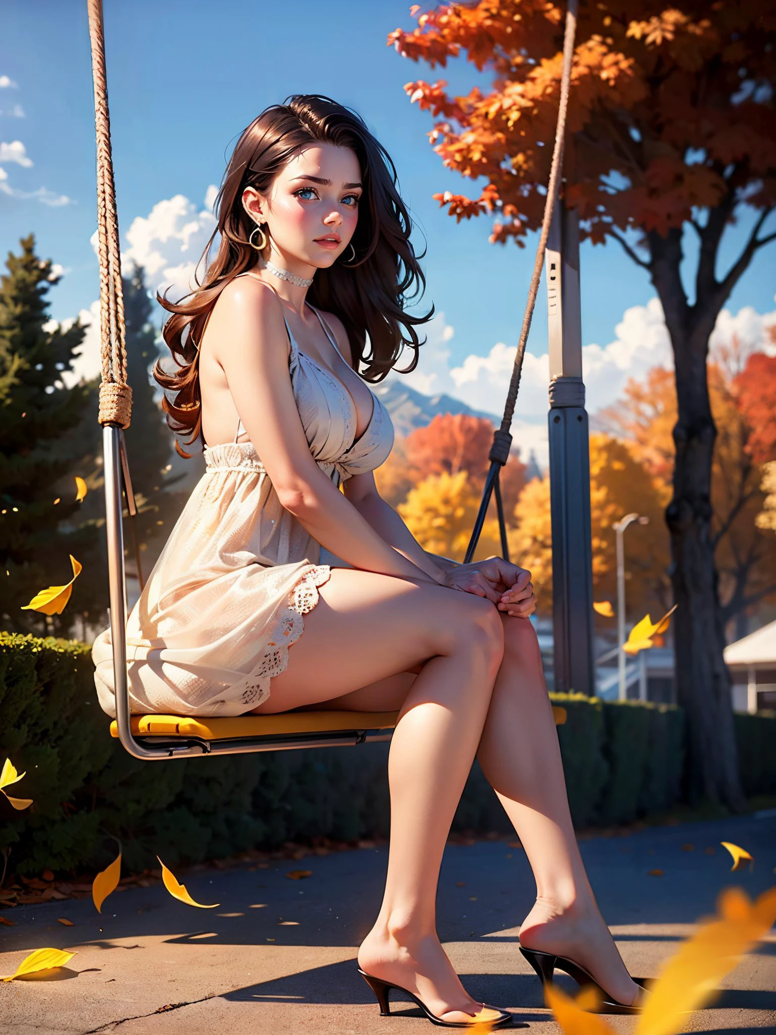 (RAW photo, best quality), (realistic, photo-realistic:1.3), best quality ,masterpiece, an extremely delicate and beautiful, extremely detailed ,CG ,unity ,8k wallpaper, Amazing, finely detail, 1girl, solo, long hair, bangs, blue eyes, looking at viewer, (closed mouth:1.2), big breasts, cleavage, fluffy dress, choker, ear ring, hairclip, full body , legs, fall, fallen leaves, swing, swings, soft lights, clouds, outdoor, trees, chocalate tone, from side, photo of koh_lanarhoades, a woman