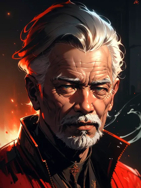 a handsome boy, short hair, suit, designed by greg manchess, smoke, Close Portrait of a indonesian old man, bright eyes, matte lips, futuristic, trending on art station, photoreal, 8 k, octane render by greg rutkowski, art by Carne Griffiths and Wadim Kashin ,in the style of Dau-al-Set, Pollock, and inspired by MAPPA and Zdzislaw Beksinski