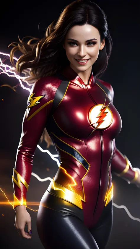 1girl, (torned clothes:1.1), cinematic lighting, dark, shadows, red background, (crazy smile,constricted pupils, small pupils:1.2), dark scene, (shot of a 30 yo woman wearing the flash costume), athletic, (overloaded energy flashes across her entire body and discharges into small blurry sparking flashes:1.4), (skinny body:1.4), night city, (mist:0.2), highest quality, particles, light rain, breasts, (large breasts:1.6), night, outdoors, rain, lightning, dark atmosphere, detailed background, masterpiece, moody, (realistic:1.3), flash mask, perfect face, perfect skin, perfect lighting, perfect shading, (realistic fabric texture), volumetric shading, subsurface scattering, dynamic pose, dynamic movement, ((empty hands)), (photorealistic:1.5), (masterpiece, top quality, best quality, official art, beautiful and aesthetic:1.2), (1girl), extreme detailed, (fractal art:1.3), colorful, highest detailed
