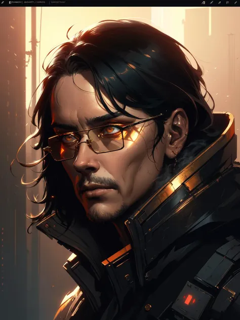 designed by greg manchess,smoke, Close Portrait of a man, bright eyes, matte lips, cigarette, futuristic, gold glasses, trending on art station, photoreal, 8 k, octane render by greg rutkowski, art by Carne Griffiths and Wadim Kashin ,in the style of Dau-al-Set, Pollock, and inspired by MAPPA and Zdzislaw Beksinski