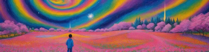 Masterpiece, psychedelic art, 1960s \(style\), a little black boy walking through a forest filled with cherry blossom trees, on a starry night, vibrant, geometric, extremely detailed, intricate impressionism, colorful, trippy, interstellar swirls, abstract star shapes, multicolored, mesmerizing, mind-blowing, visually stunning, ethereal, ethereal dreamscape, <lora:Elixir:1>