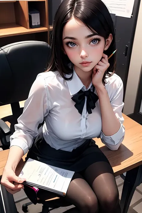 (masterpiece, best quality), a young black haired girl office secretary dressed in a transparent white blouse and black office skirt and black pantyhose ,sitting in an office chair, holding pencil, (detailed skin:1.3),(detailed eyes), (sharp focus),