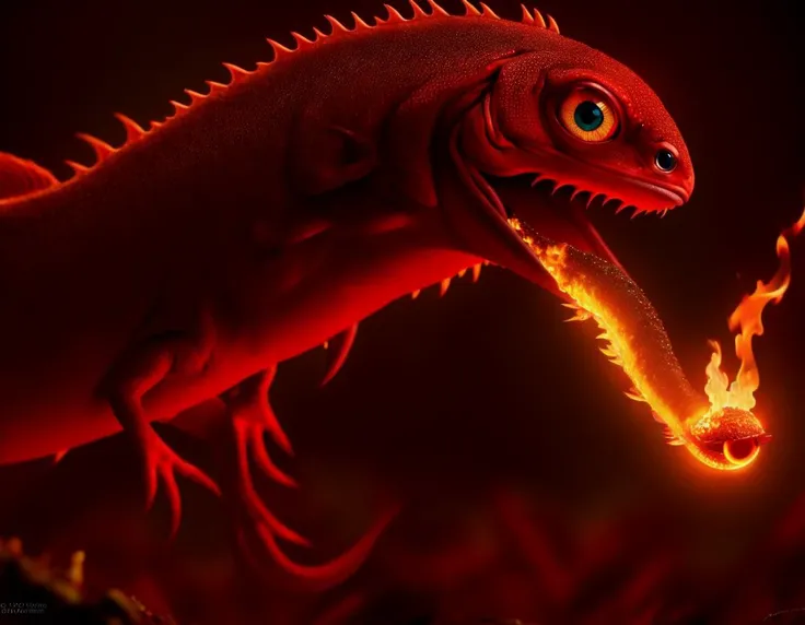 3 d render creature animal very big eye roots fire elemental flush of force nature micro world fluo fishscale, design by mark ryden and pixar and hayao miyazaki, unreal 5, daz, hyperrealistic, octane render, cosplay, rpg portrait, dynamic lighting, intricate detail, harvest fall vibrancy, cinematic, (kkw-hdr:0.69) (kkw-ph-2)