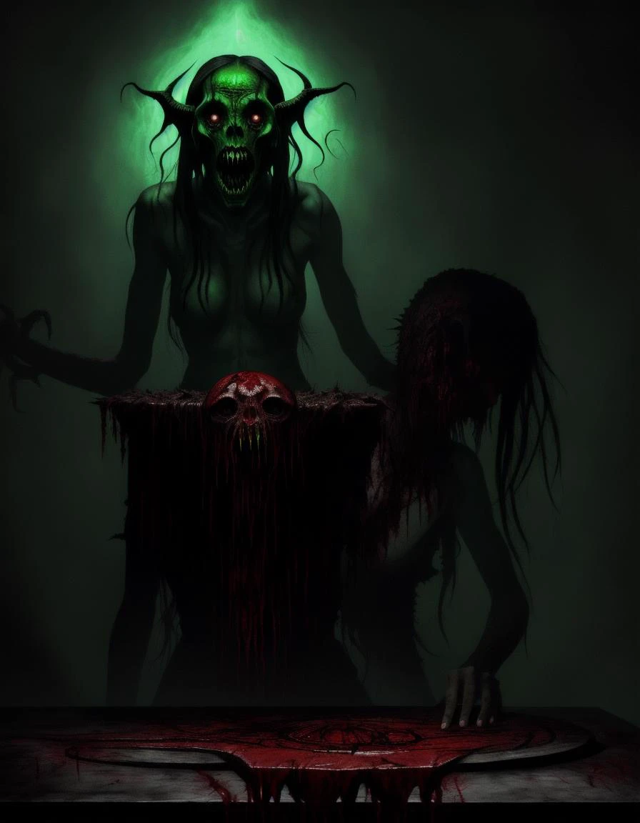 Cult of Cthulhu, a dangerous looking girl green, blood on top of a table with a demon head, in the style of giger in the hole, with a lot of blood around, hyperrealism, hyper realistic color photo, realistic photography, dark atmosphere, realistic blood, HDR, ultra detailed, sharp theets, high quality render, ultra realistic shadows, ultra defined