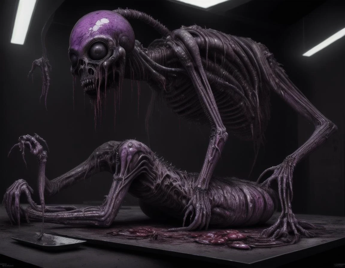 Post-apocalypse, uturistic, bright neon clours, best quality, high resolution, alien , giger, viscera, post, peeled flesh, guro, broken creature, deadman, a dangerous looking sprinkled girl bright neon blood on top of a table with a alien head, high contrast, sharp purple neon, in the style of giger in the hole, deep contrast, hyperrealism, hyper realistic color photo, realistic photography, ultra realistic, biomechinical, biomachines, ((hnsrdlf style)), detailed reflections, dark atmosphere, gothic art, futuristic, realistic blood, realistic reflections, RTX graphic, HDR, ultra detailed, real blood