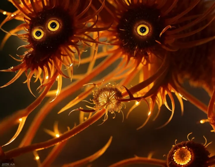 "a humanoid figure dandelion plant monster, amber eyes, highly detailed, digital art, sharp focus, ambient glow, trending on art station, anime art style", (kkw-hdr:0.69) (kkw-ph-2)